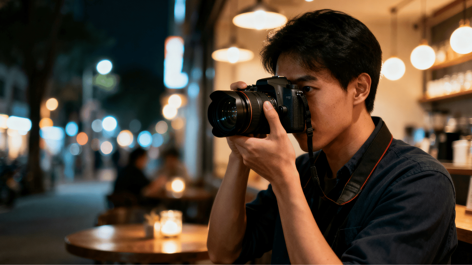 photographer using a dslr camera for low-light photography in a cozy café with glowing city lights in the background.