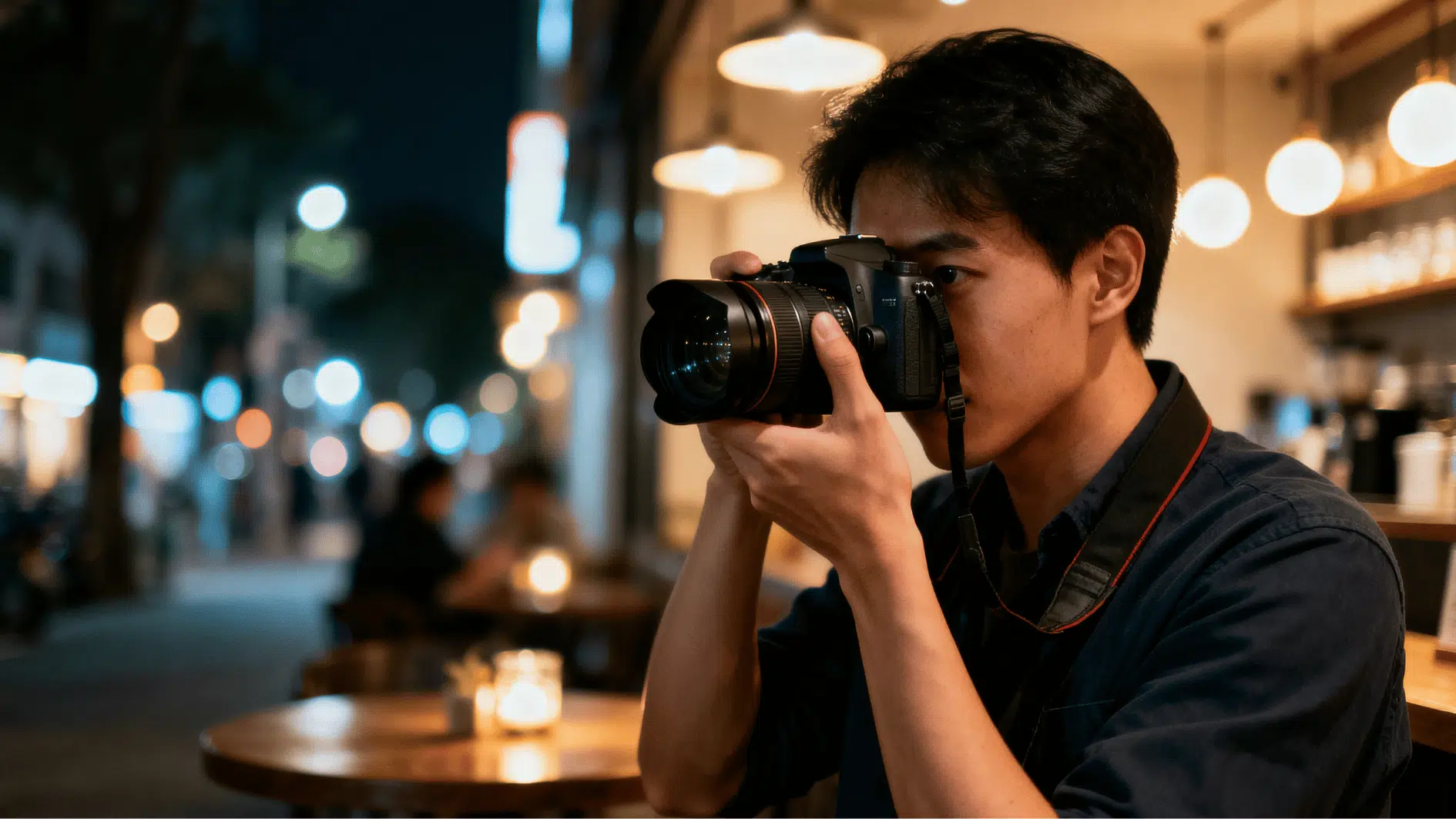 photographer using a dslr camera for low-light photography in a cozy café with glowing city lights in the background.