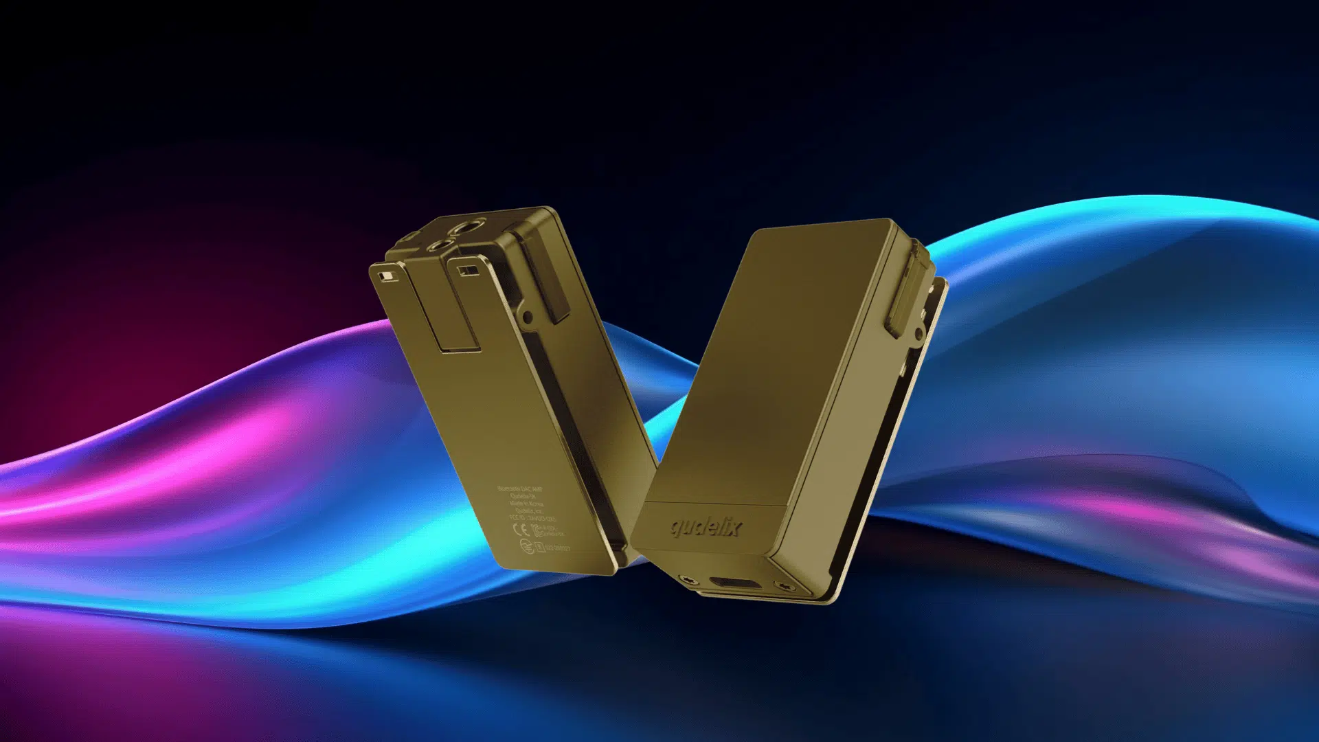 picture of the qudelix 5k device on a flare neon style product presentation background 3d wave of light passign with pink and cyan colored glare and black color product in centre