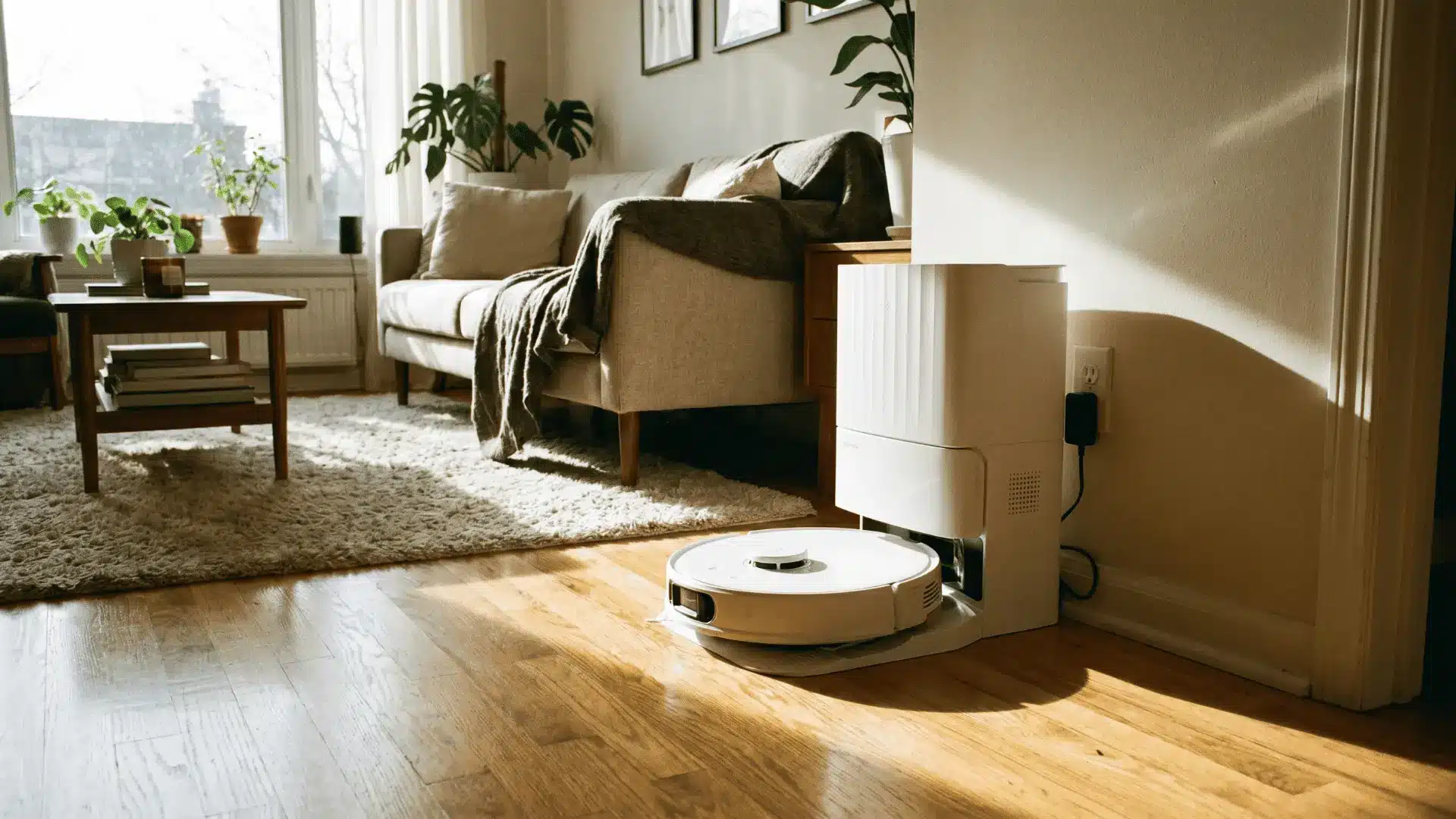 Roborock Qrevo Base vacuum on hardwood floor with dock in a living room