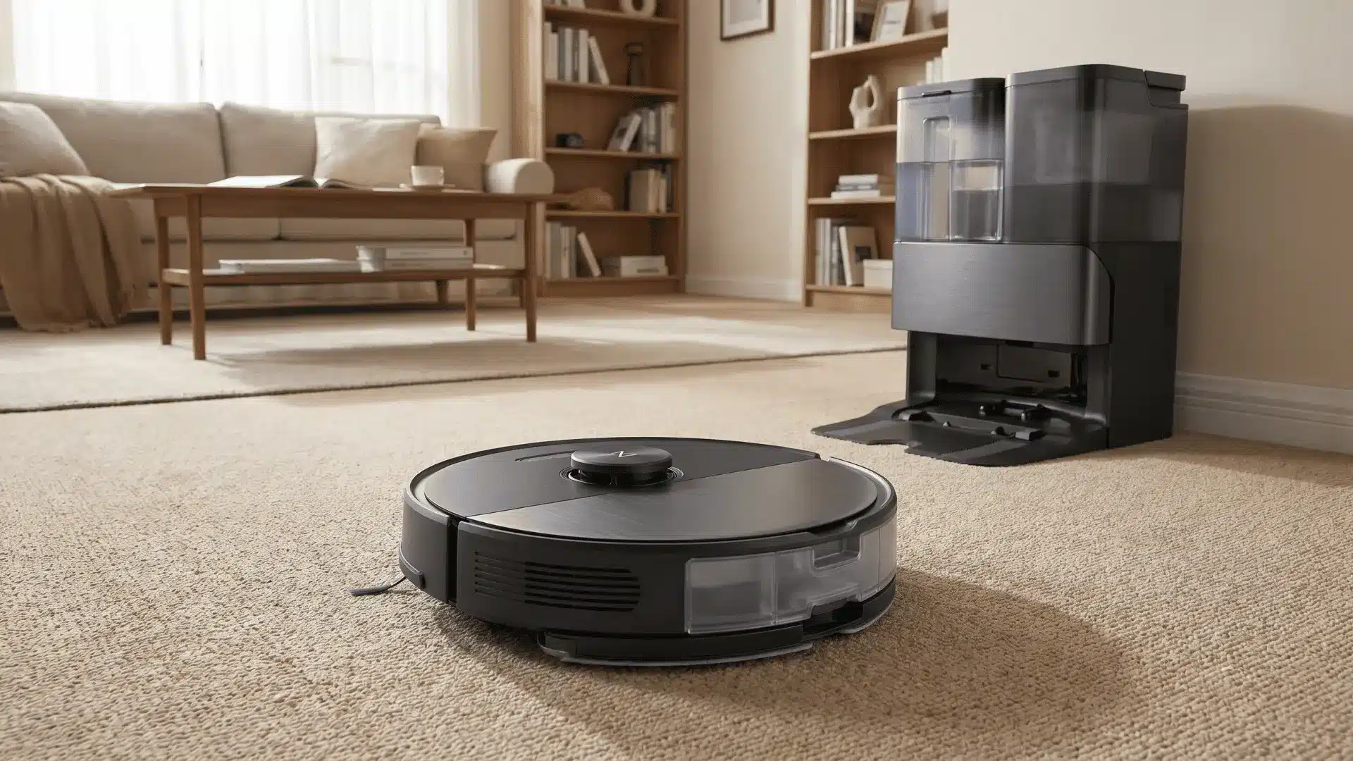 Roborock Qrevo Master vacuum on carpet with upgraded dock in a living room