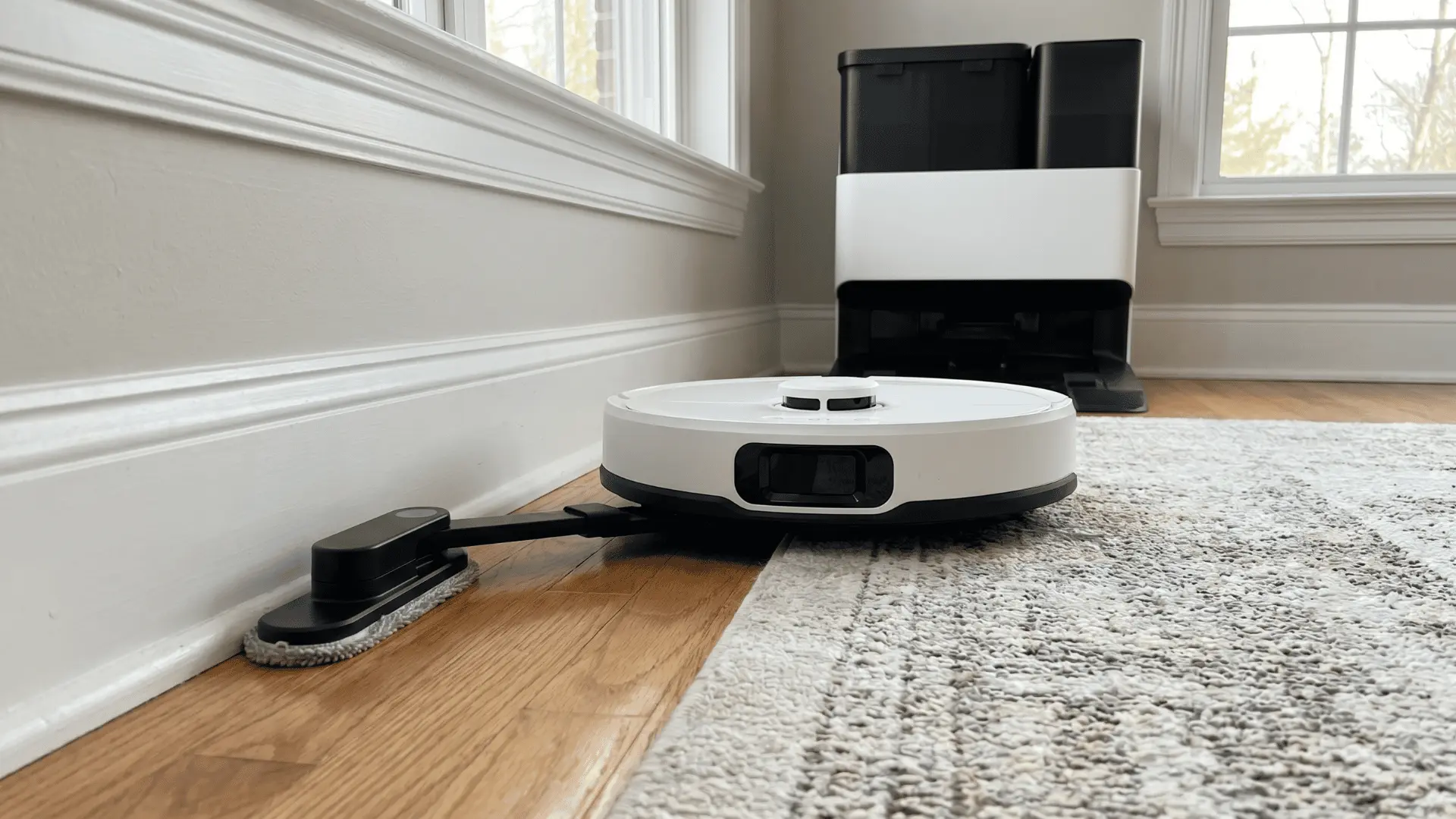 Roborock Qrevo Pro vacuum with extended FlexiArm mop on hardwood and rug, dock 2.0 nearby