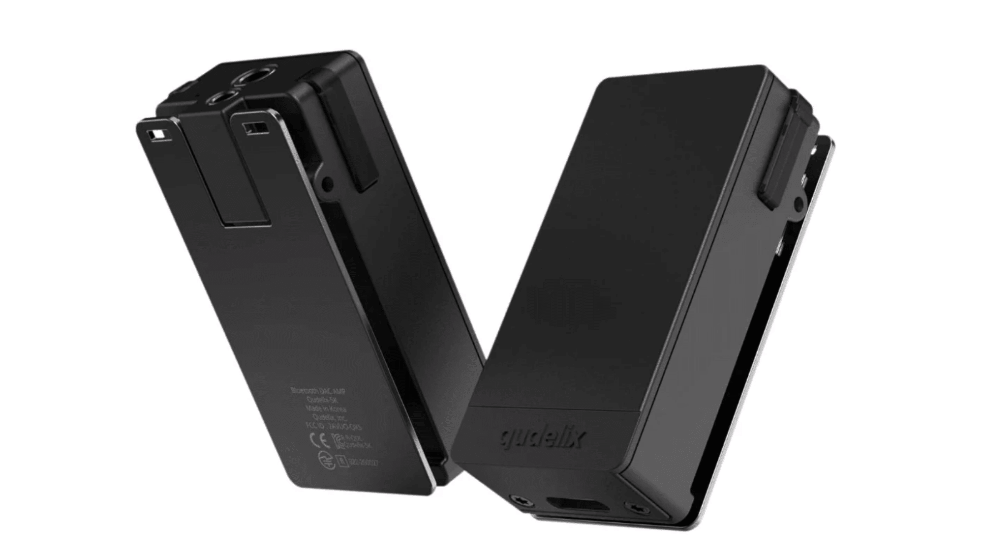 qudelix 5k portable bluetooth dac amp with dual headphone outputs and built-in clip shown from two angles