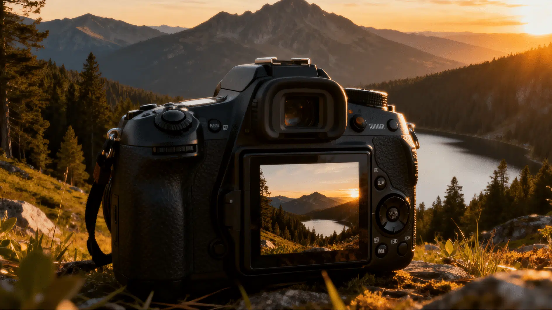 realistic mirrorless camera capturing mountain lake landscape during golden hour with scenic outdoor photography view.
