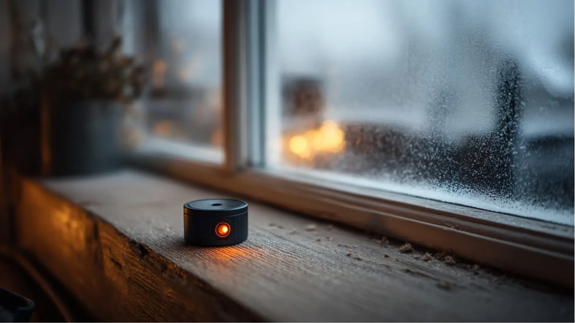 ring quick release battery pack on a wooden table with orange charging light glowing and frost visible on the window outside