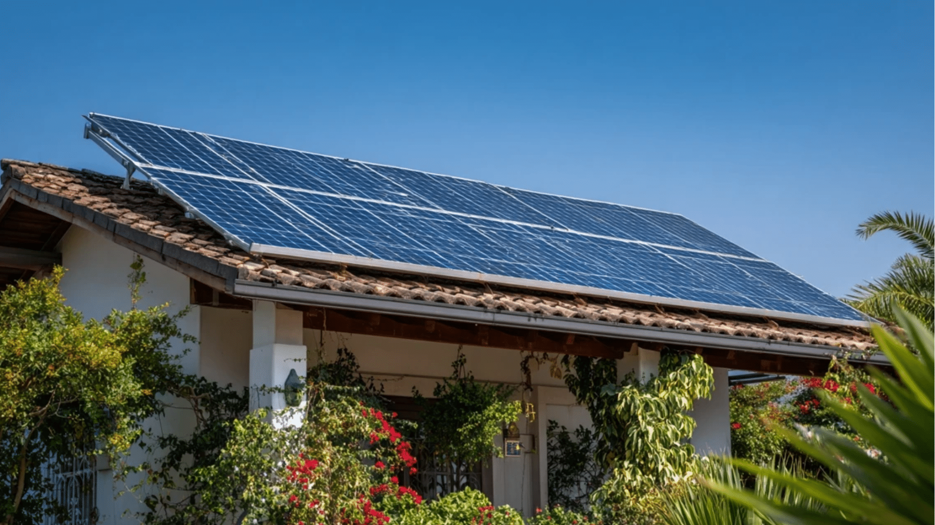 ring solar panel mounted on a sunny exterior brick wall of a home with direct sunlight and clear blue sky visible above