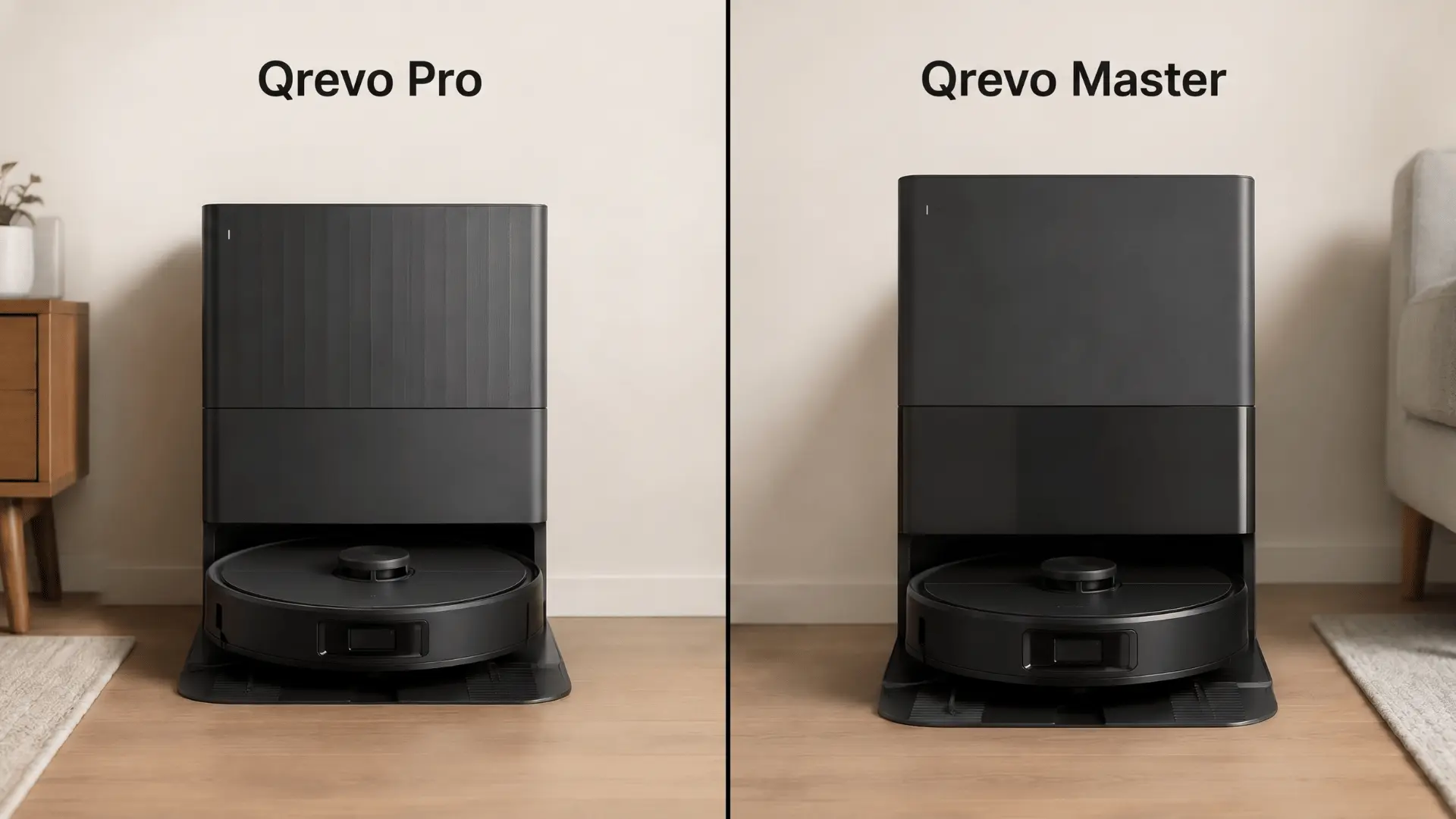 Side-by-side comparison of Qrevo Pro and Qrevo Master robotic vacuums separated by a black line, labeled clearly, in a modern home setting