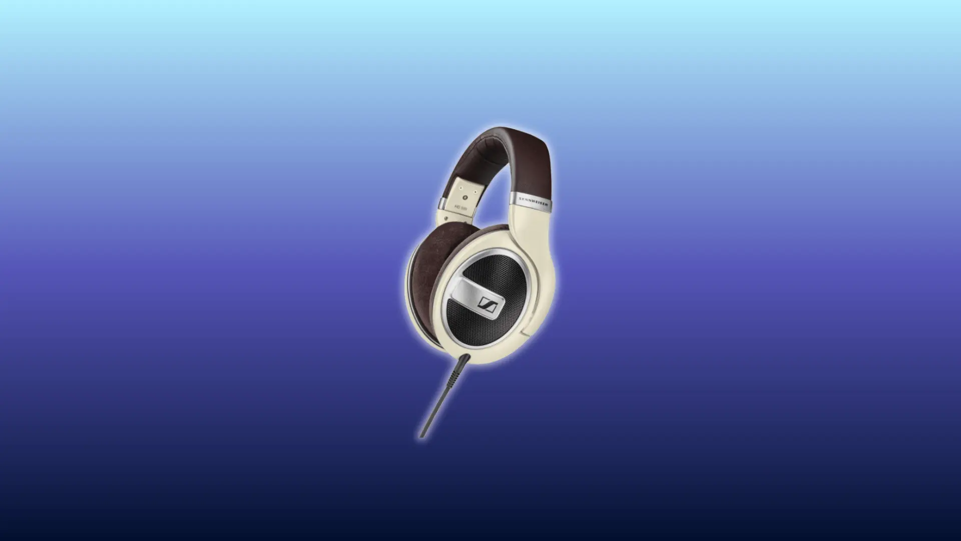 Image of Sennheiser HD 599 headphones, over-ear open-back design, displayed against a blue gradient background.