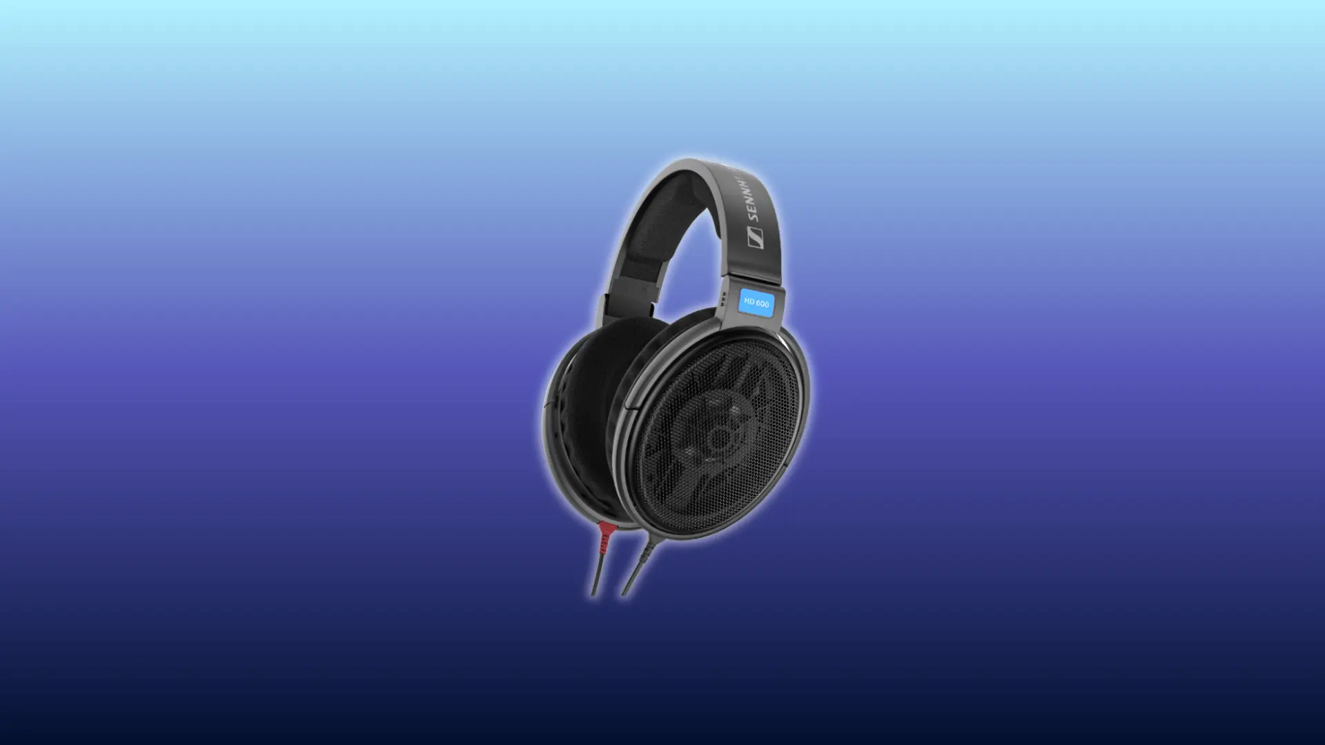 Image of Sennheiser HD 600 headphones, over-ear open-back design, displayed against gradient blue background.