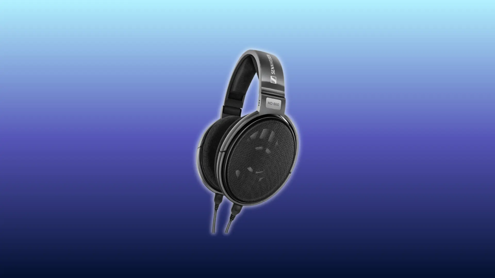 Image of Sennheiser HD 650 headphones, over-ear open-back design, displayed against gradient blue background.