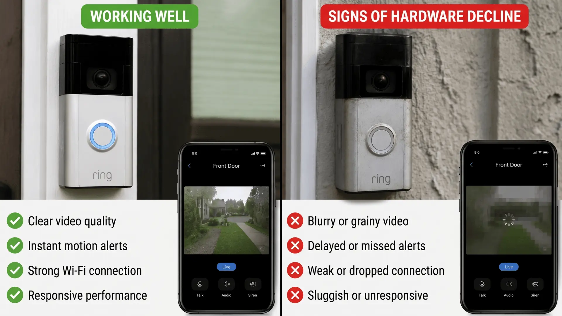 Side-by-side comparison of a new Ring doorbell and one showing signs of hardware decline