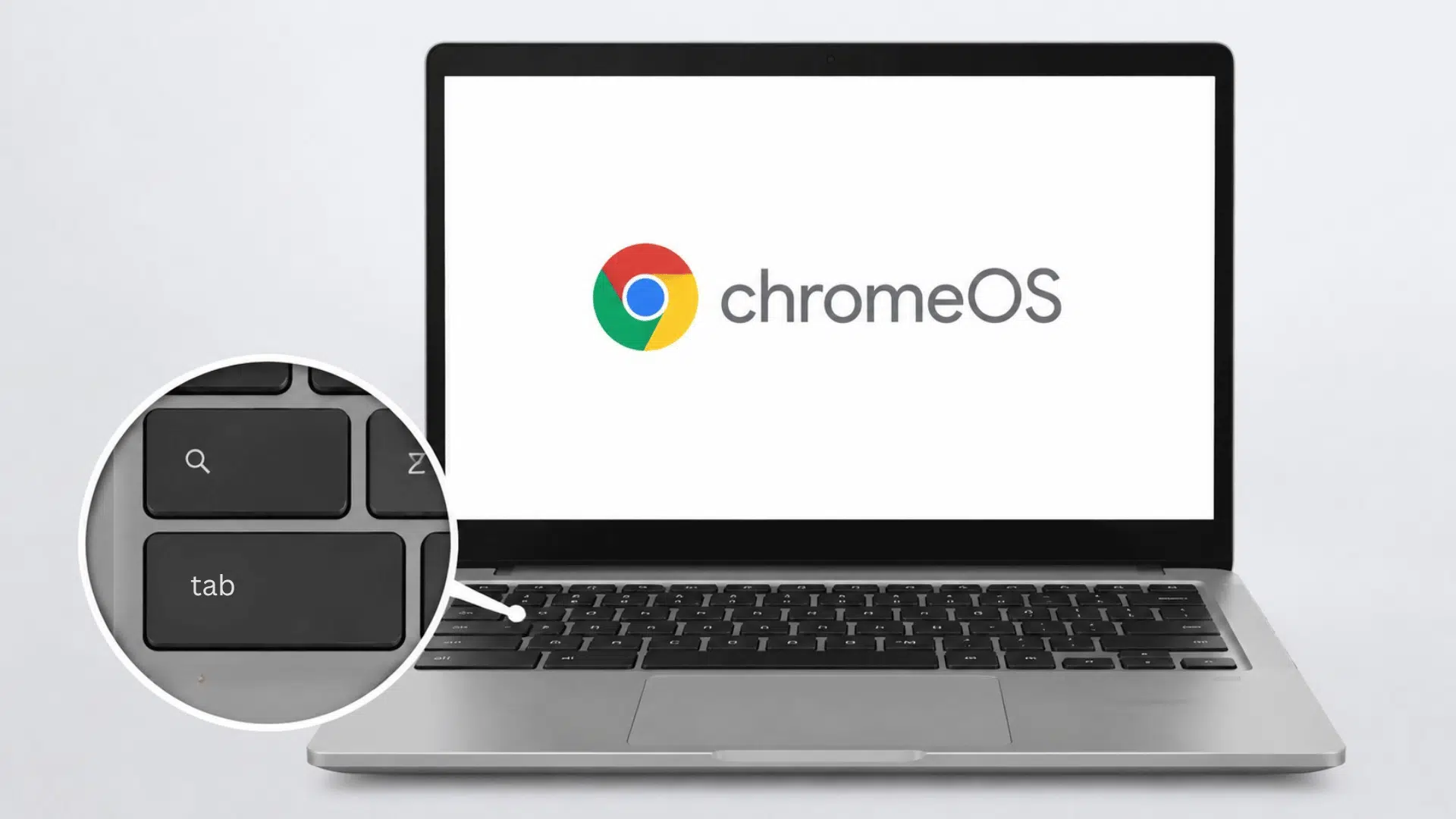 silver color chromebook laptop with chrome os logo on screen with magnified alt and search keys
