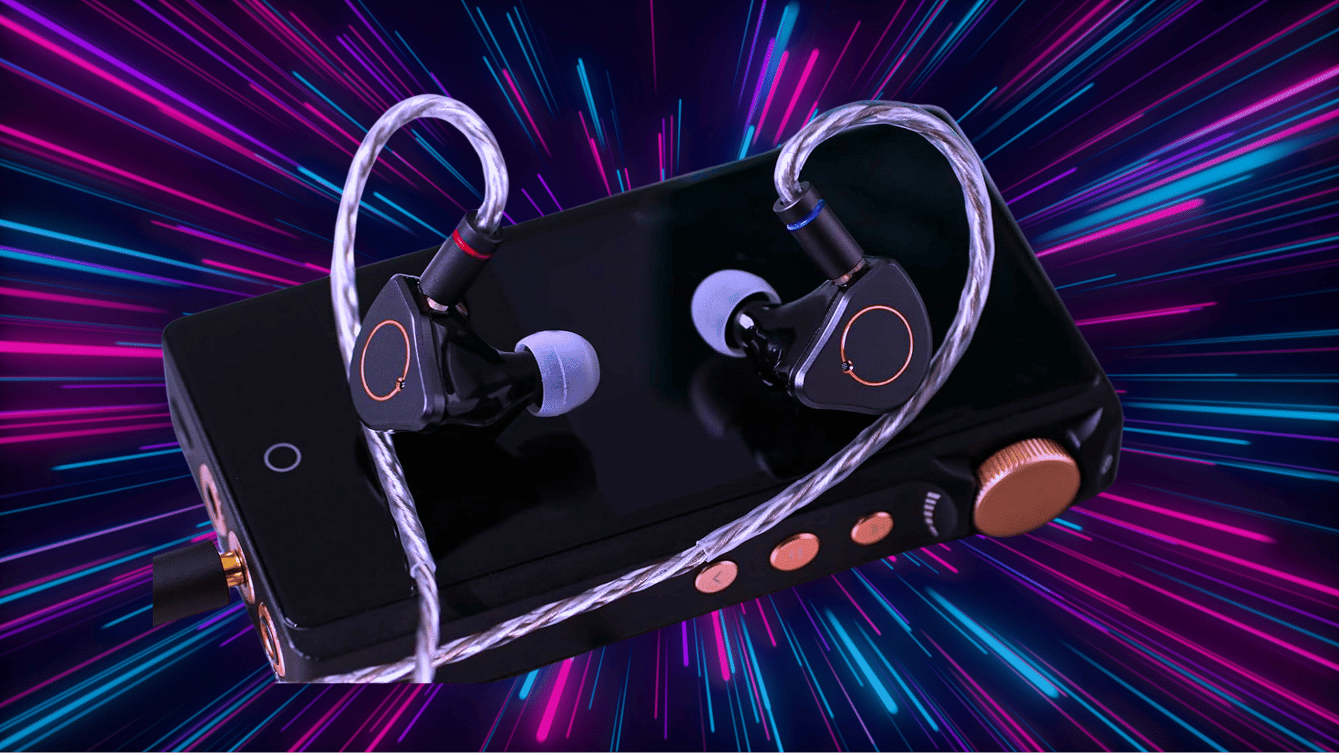 Simgot SuperMix 4 earphones on a portable DAC with neon streak background