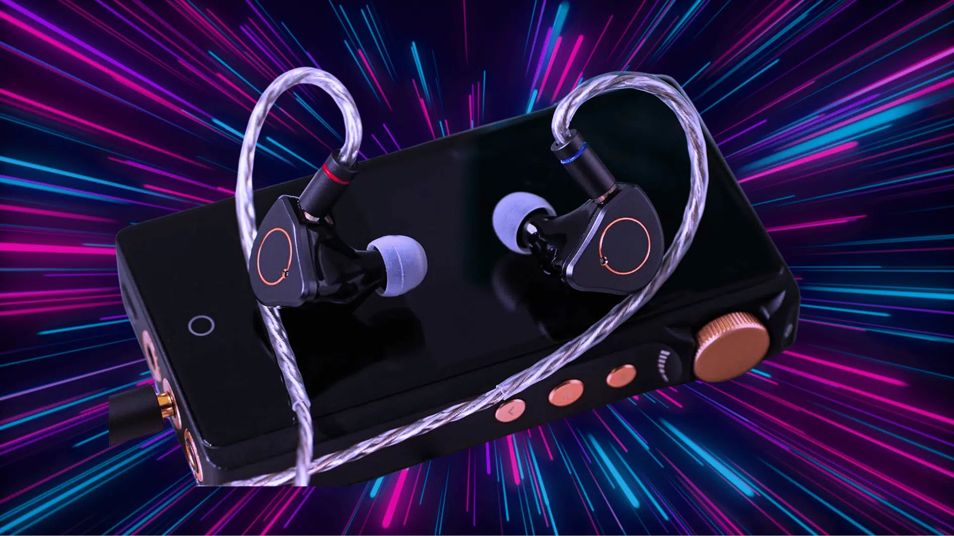 Simgot SuperMix 4 earphones on a portable DAC with neon streak background