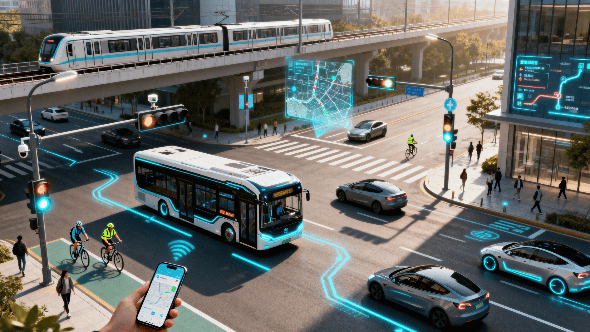 smart city street with connected buses, cars, cyclists, traffic signals, and live route displays showing modern mobility.