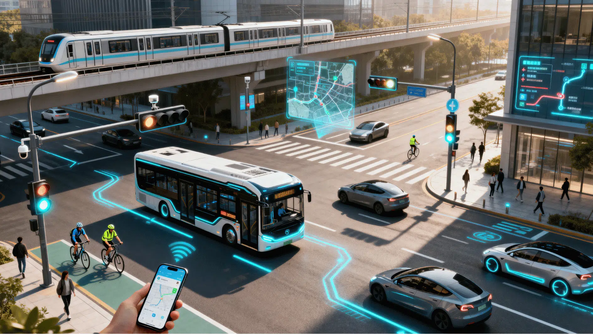 smart city street with connected buses, cars, cyclists, traffic signals, and live route displays showing modern mobility.
