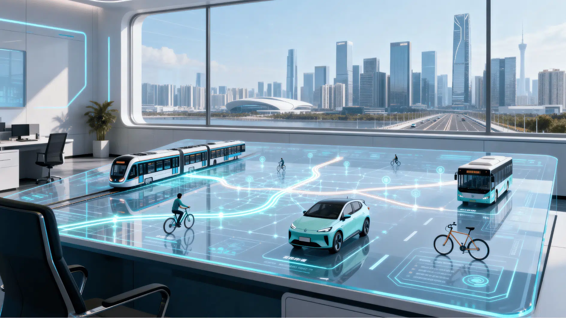 smart mobility control room with digital transport map, electric vehicles, buses, bikes, and a modern city skyline.