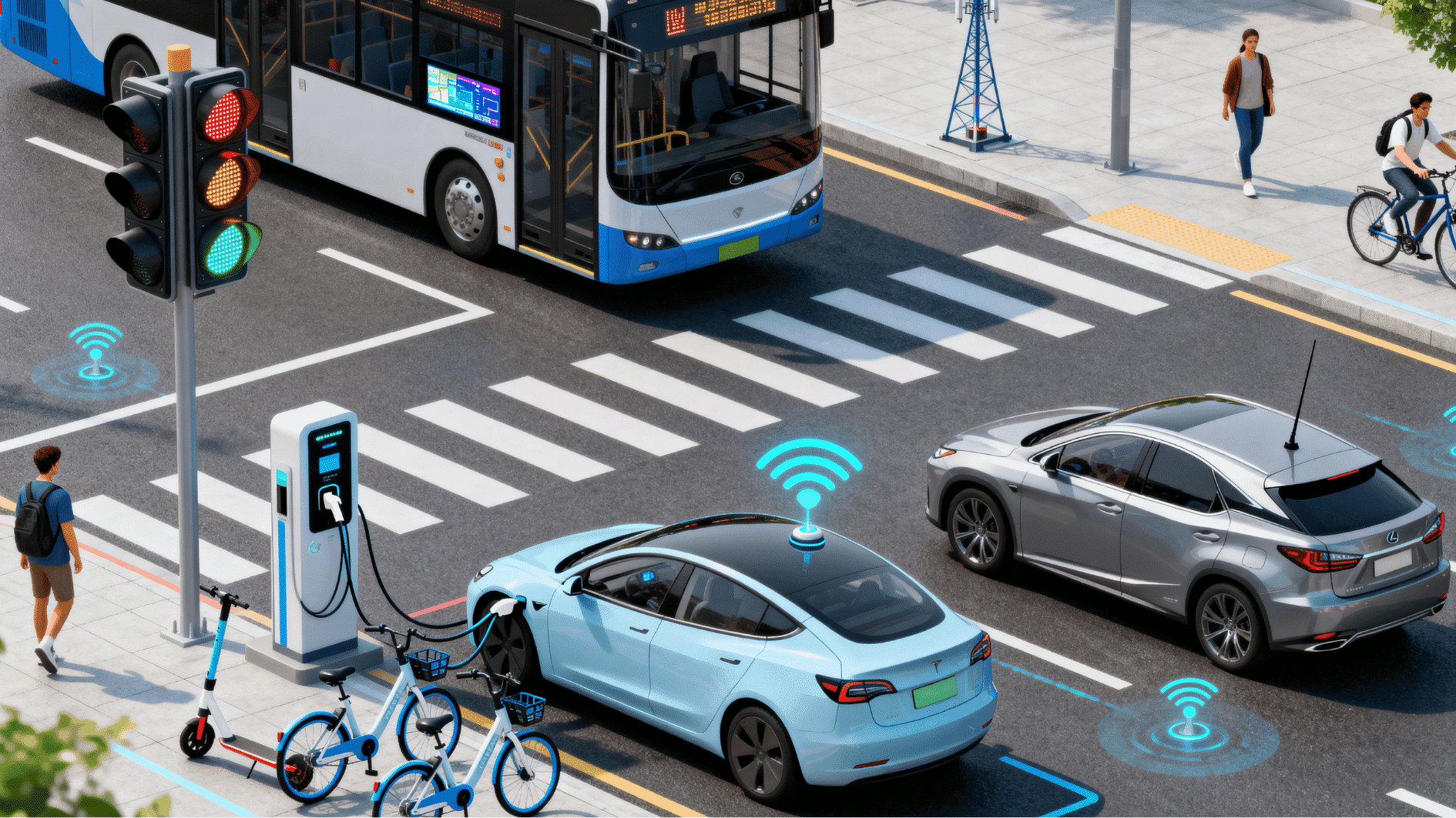 smart mobility scene with electric cars, buses, bike sharing, scooters, sensors, and connected road systems.
