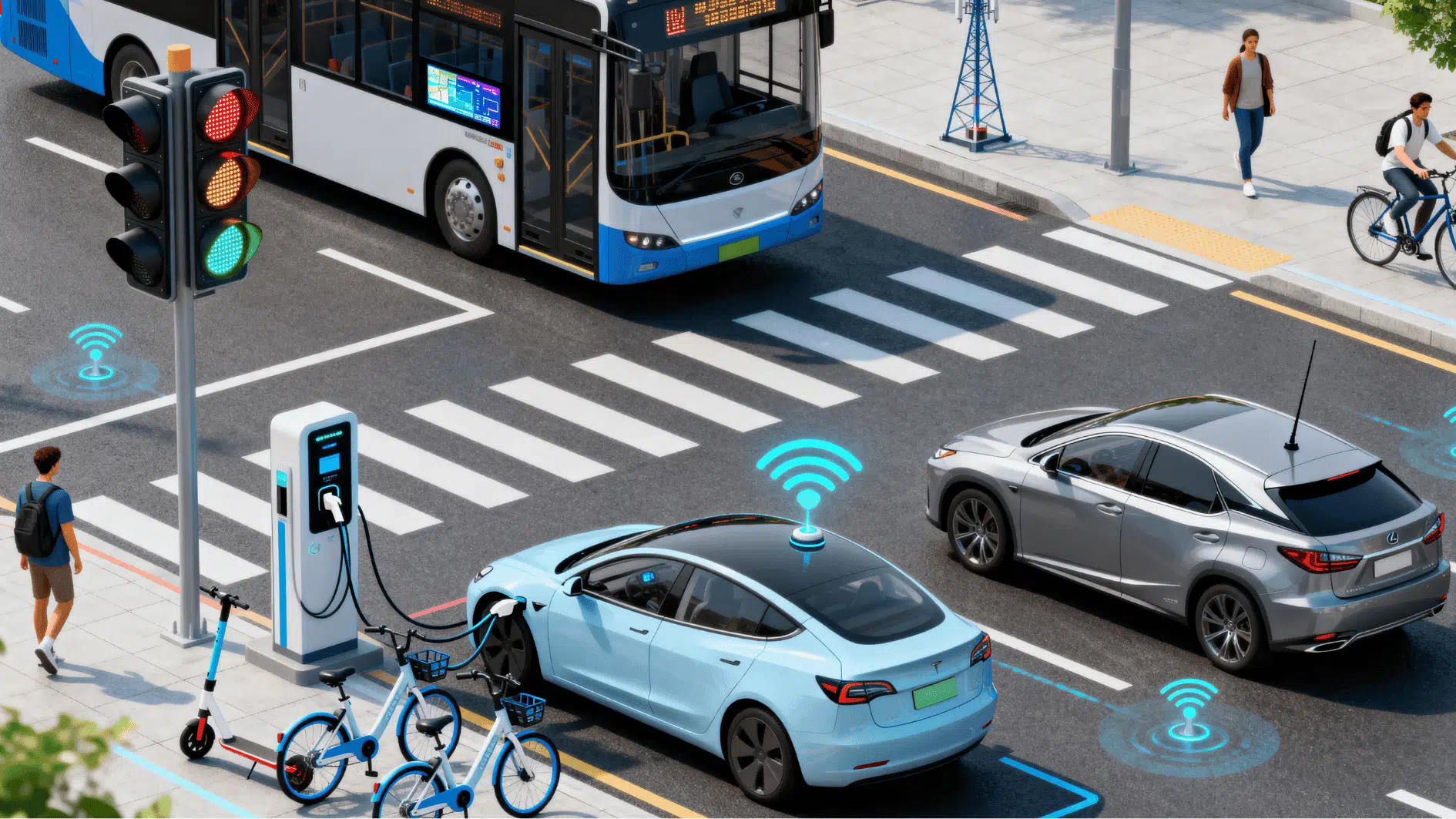 smart mobility scene with electric cars, buses, bike sharing, scooters, sensors, and connected road systems.