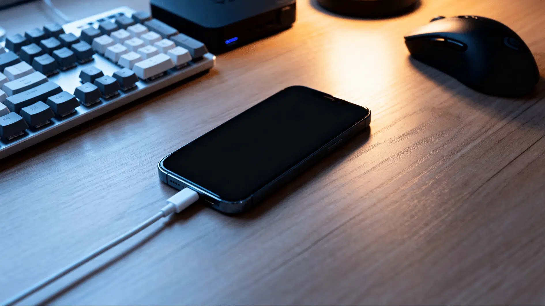 smartphone charging beside gaming accessories on desk while resting unused to reduce battery heat buildup.