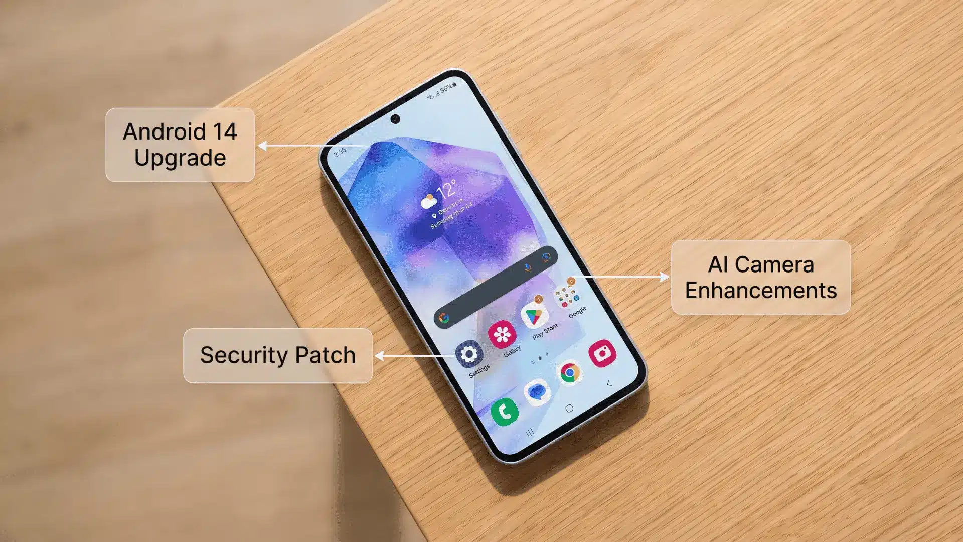 Samsung Galaxy A55 5G home screen with labeled callouts for Android 14 upgrade, security patches, and AI camera features.