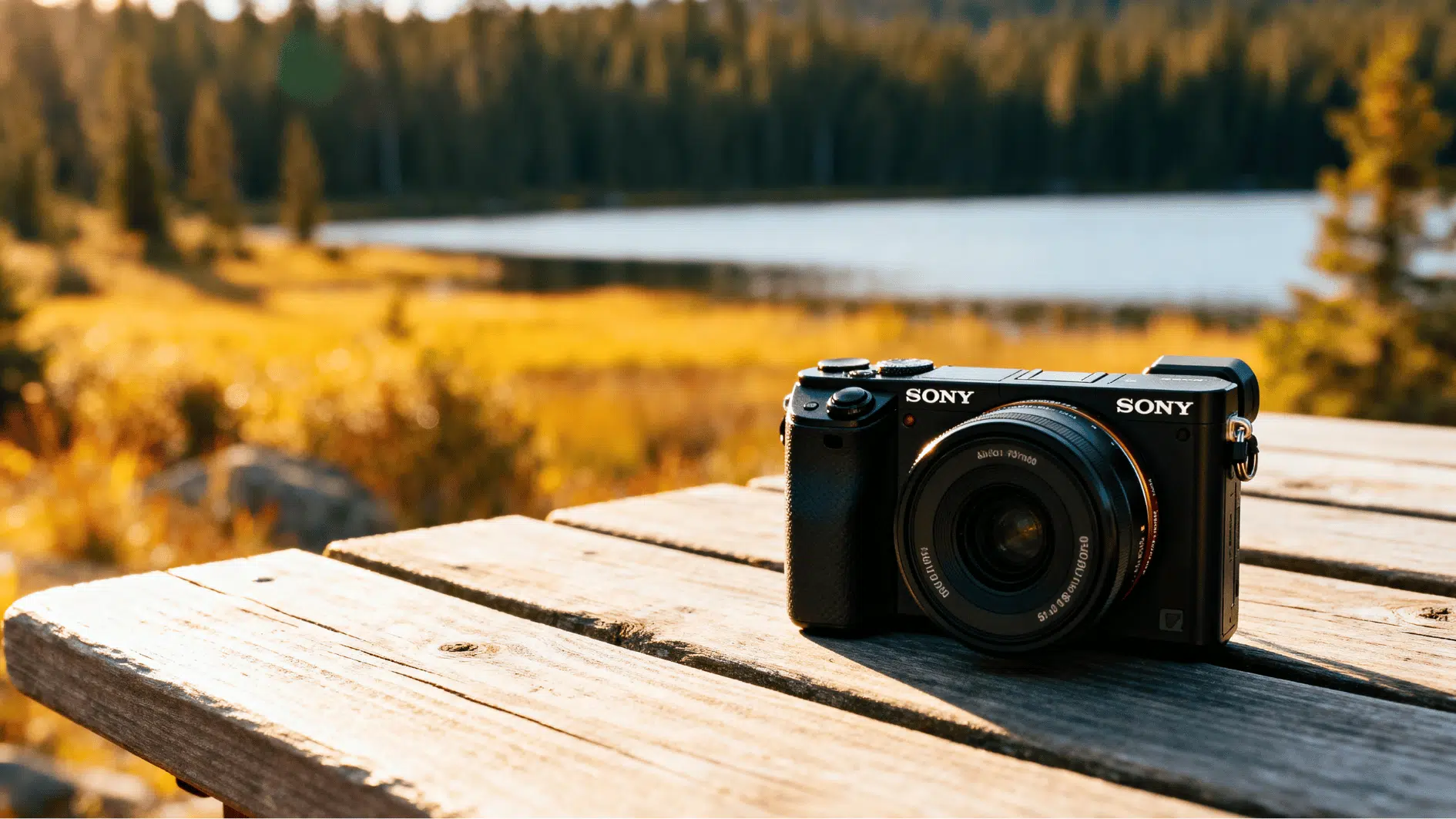 sony alpha a6000 mirrorless camera on wooden table near lake and forest during golden hour outdoor scenery.