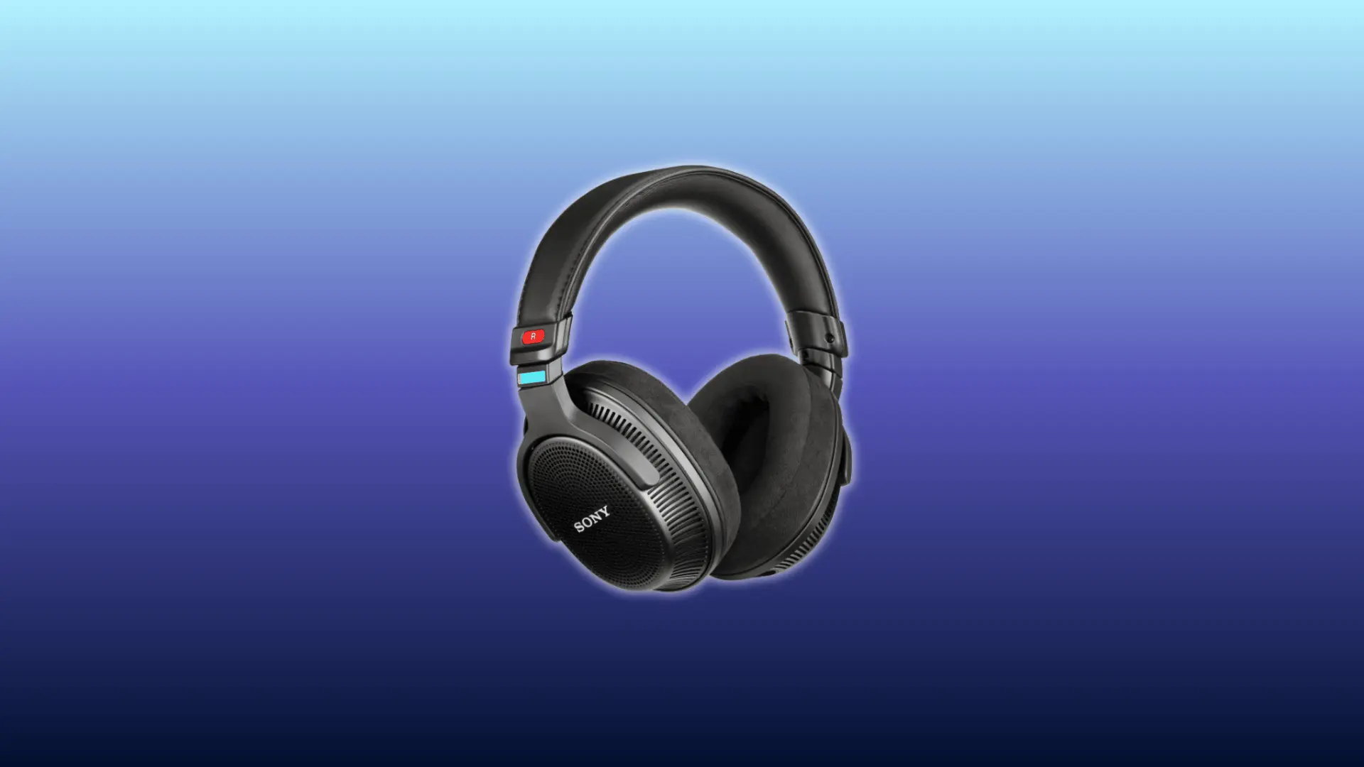 Image of sony-mdr-mv1 headphones, over-ear open-back design, displayed against gradient blue background
