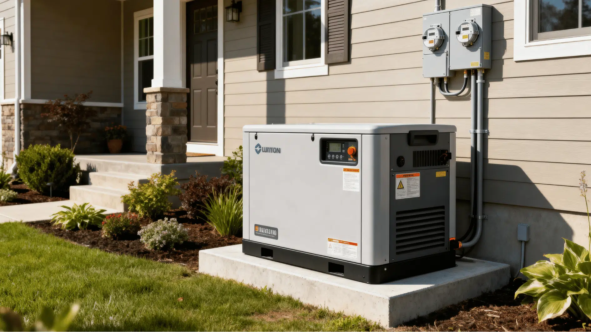 standby backup generator installed beside a suburban home on a concrete pad with neat utility connections