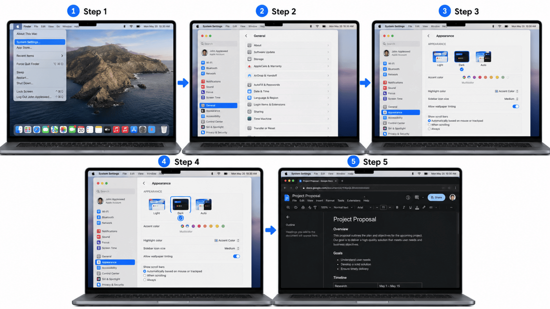 steps to turn on dark mode in google docs on mac using system settings