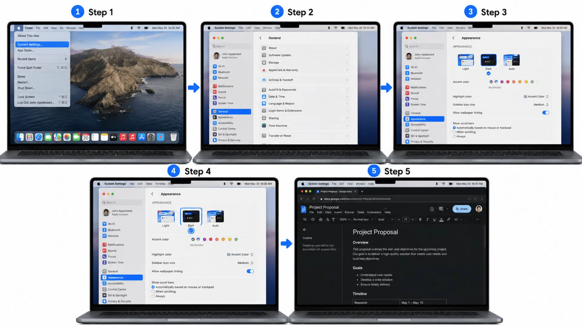 steps to turn on dark mode in google docs on mac using system settings