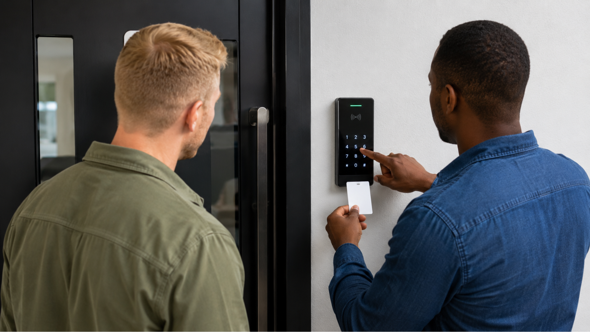 technician entering a PIN on a modern access control keypad beside a secured office door.