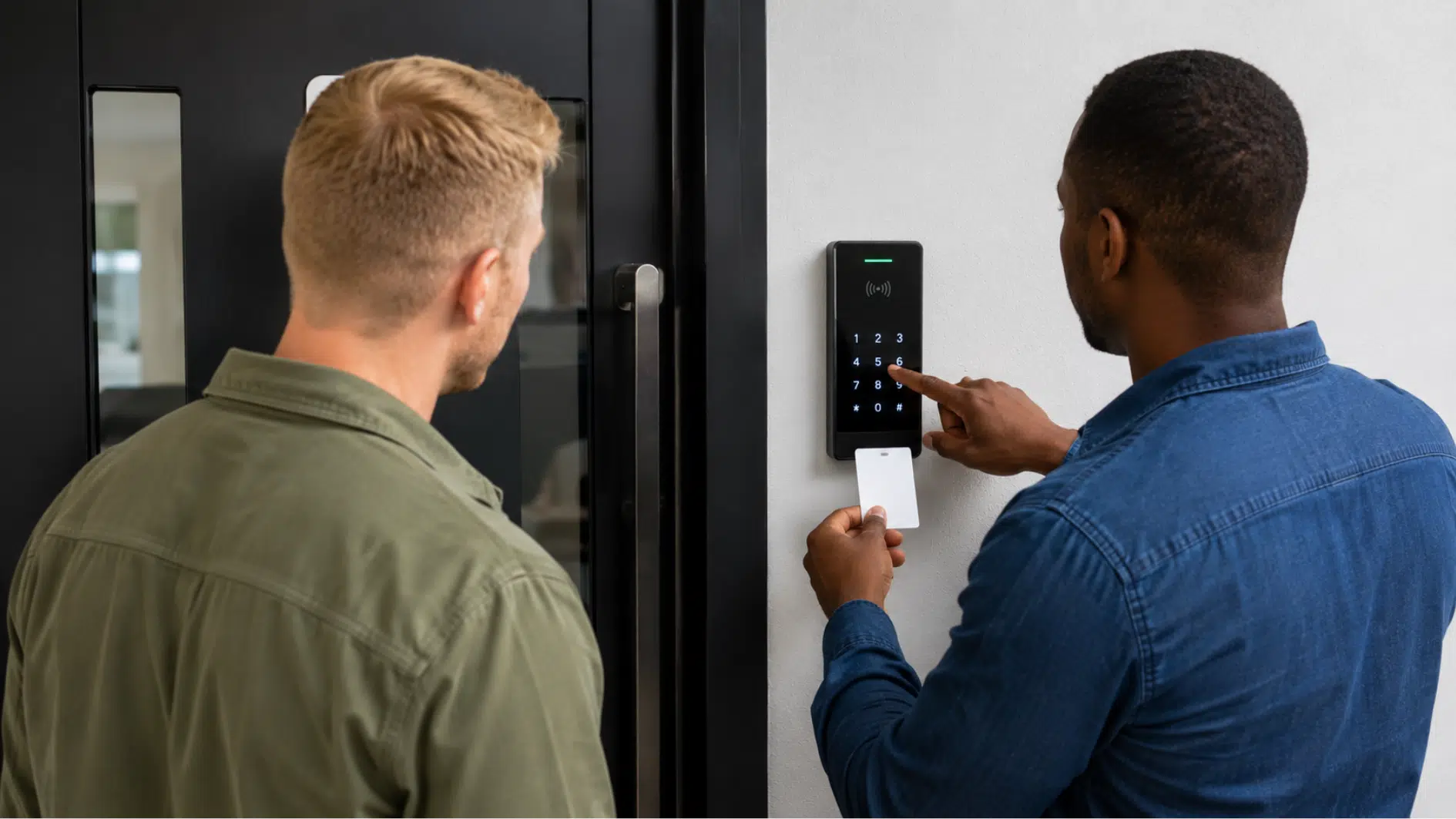 technician entering a PIN on a modern access control keypad beside a secured office door.