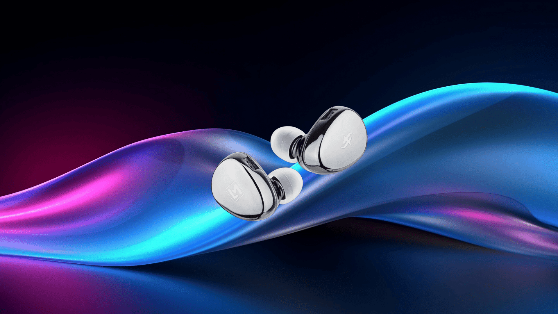 the simgot ea500lm earphones in a gadgets and devices neon rods bright background setting with visible simgot logo and product