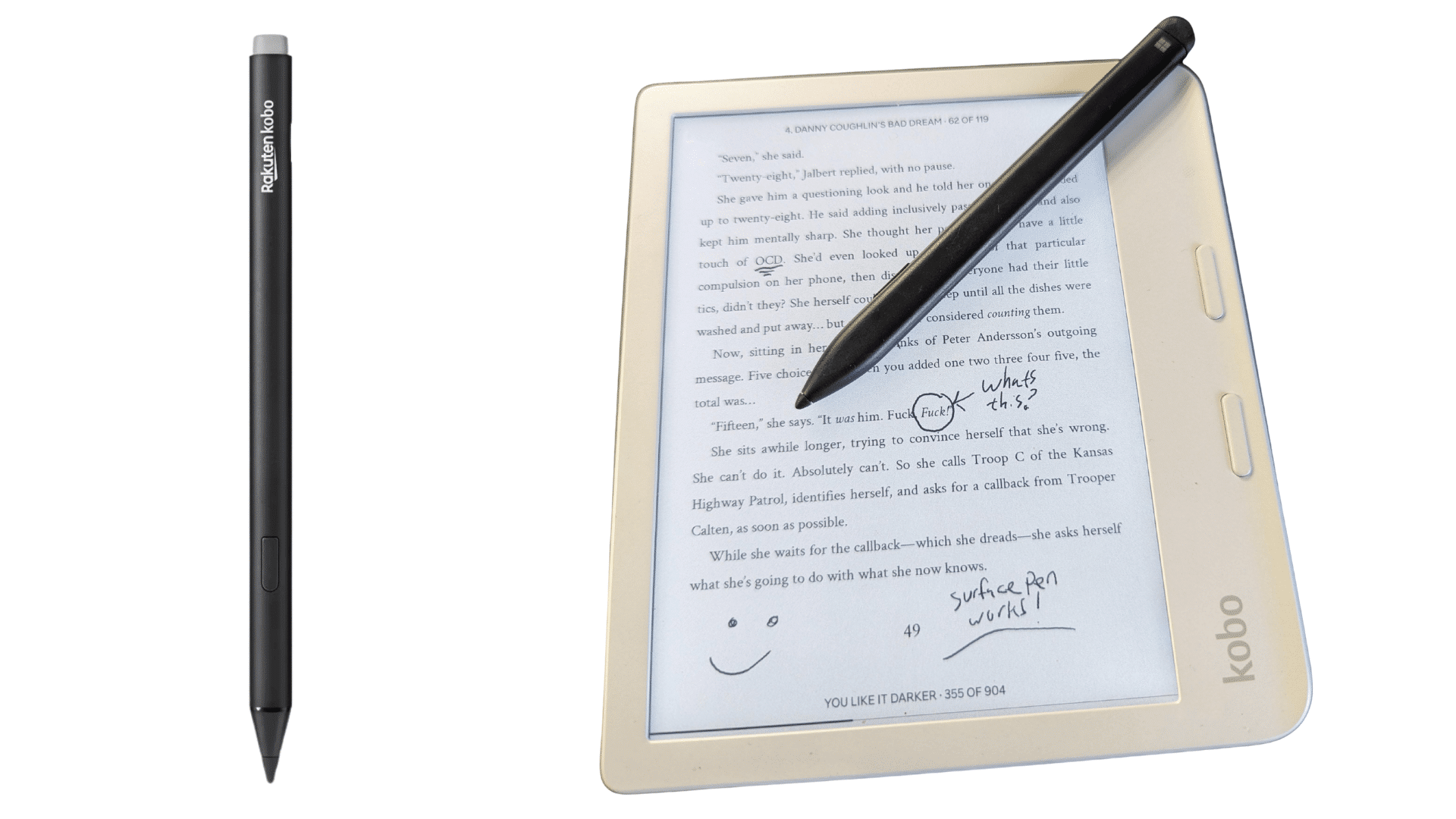 user writing notes on kobo libra color using kobo stylus 2 while reading an ebook