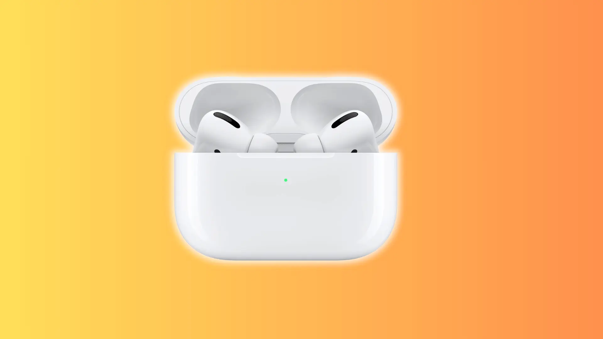 Open white AirPods Pro case showing both earbuds against a gradient orange background.