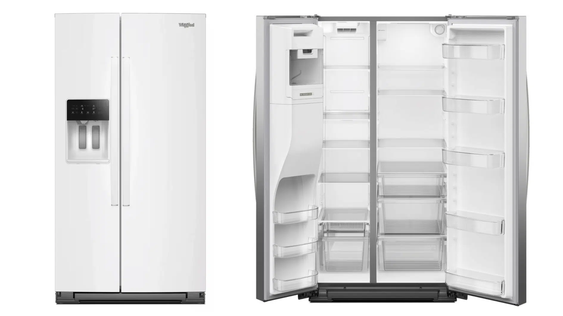 whirlpool 36-inch 28.7 Cu. Ft. side-by-side refrigerator with exterior ice and water dispenser and stainless steel finish