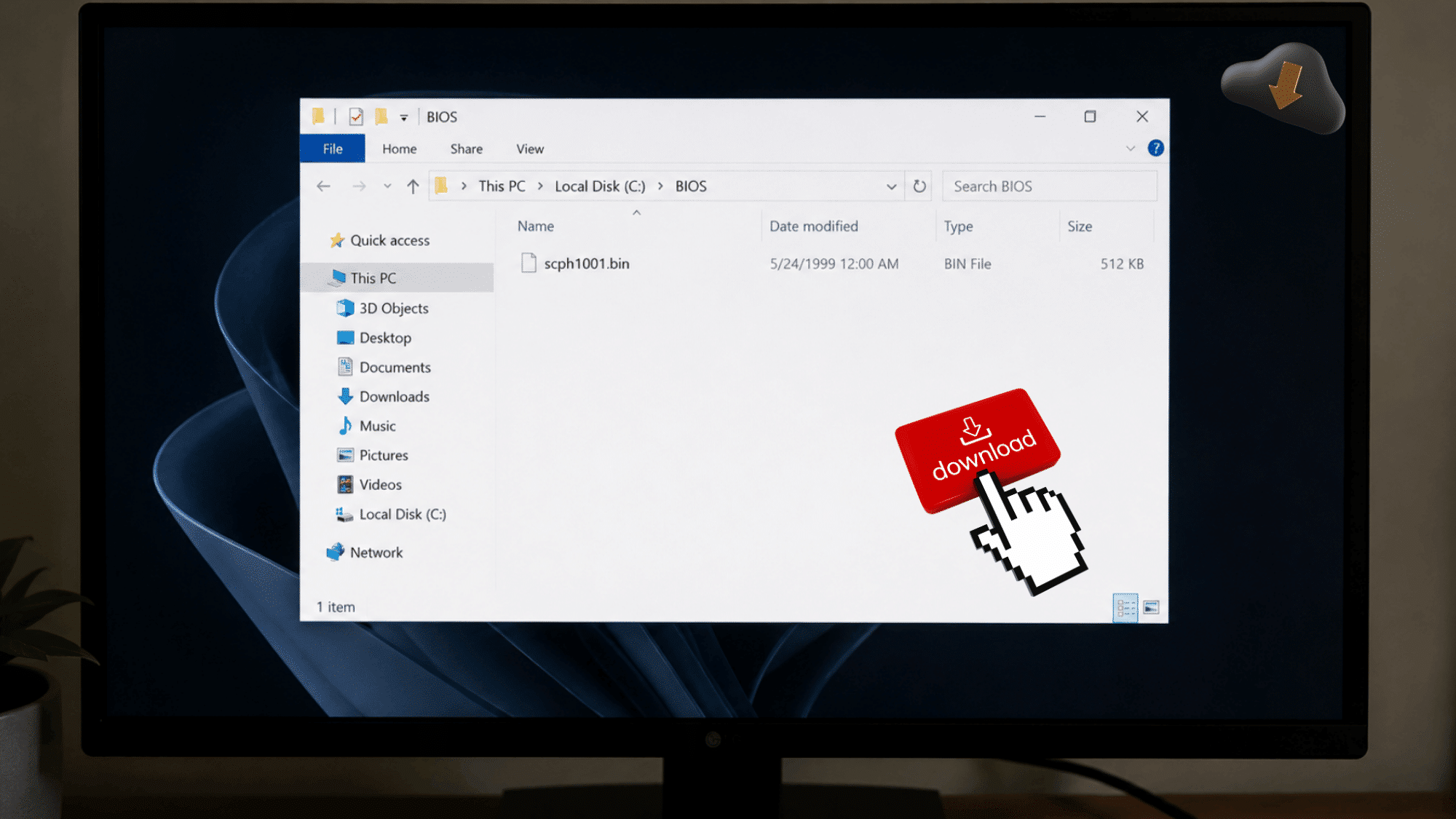 windows file explorer open to a bios folder containing the scph1001.bin playstation bios file on a desktop monitor.