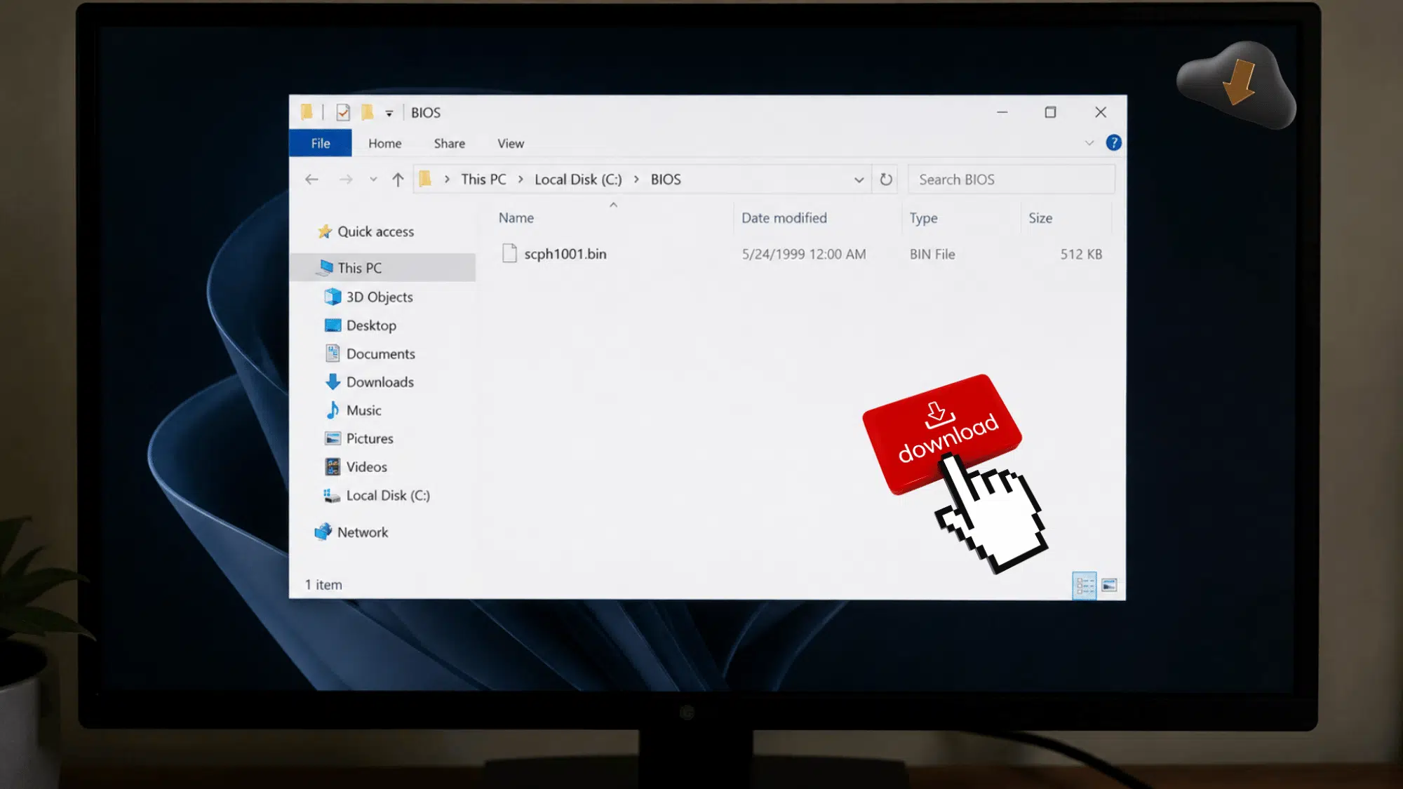 windows file explorer open to a bios folder containing the scph1001.bin playstation bios file on a desktop monitor.
