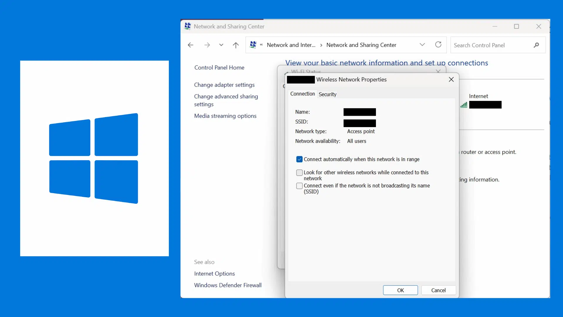 windows network key box in control panel displayed with windows logo