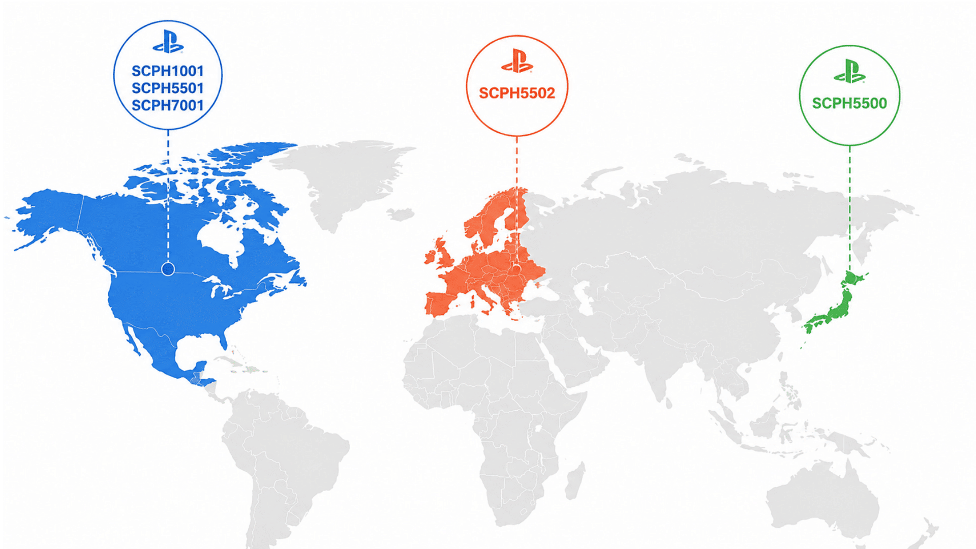 world map showing playstation bios versions by region — north america in blue, europe in orange, and japan in green