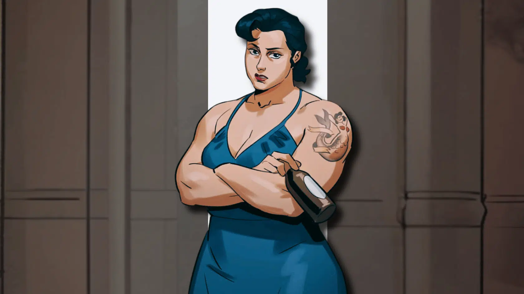 a 3d style presentation of deadlock character mcginnis in a detailed game environment presentation
