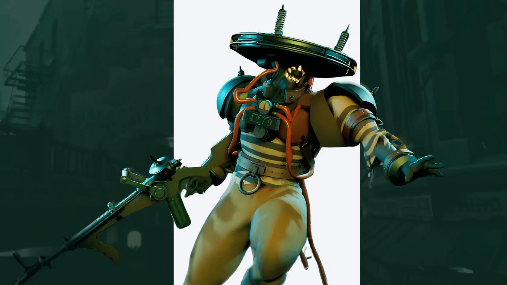 a 3d style presentation of deadlock character seven in a detailed game environment presentation