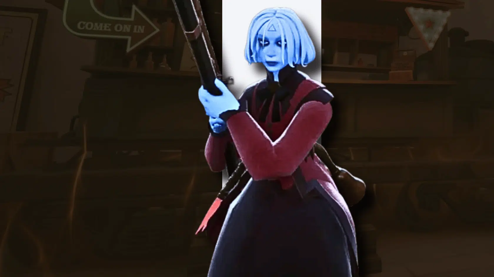 a 3d style presentation of deadlock character vindicta in a detailed game environment presentation