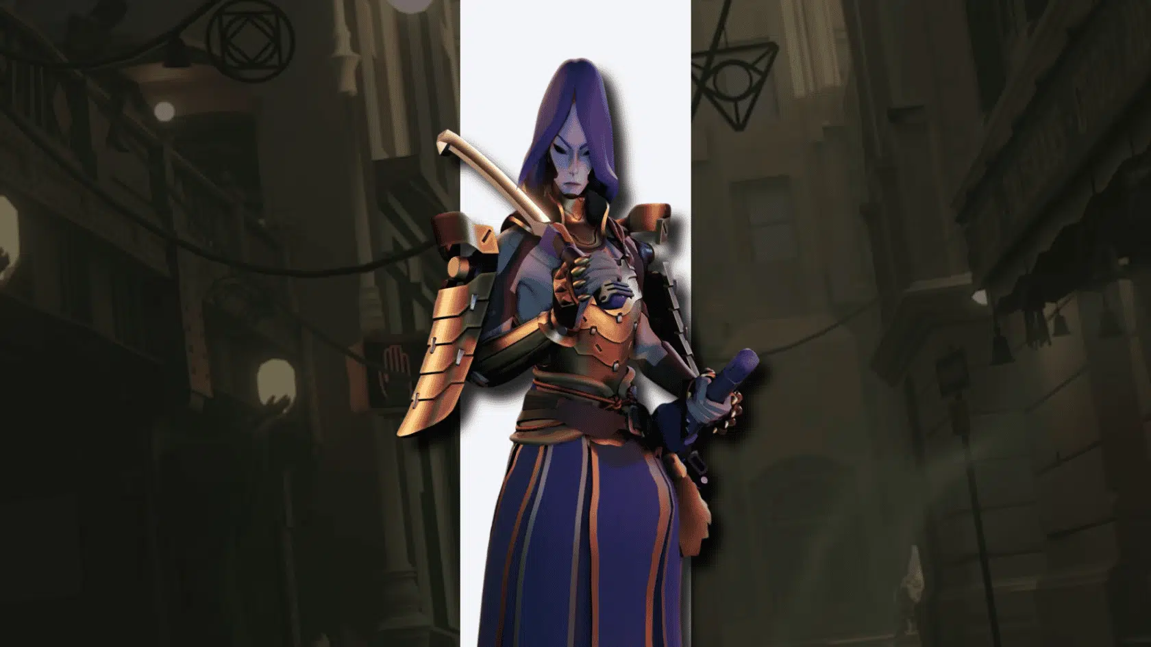 a 3d style presentation of deadlock character yamato in a detailed game environment presentation