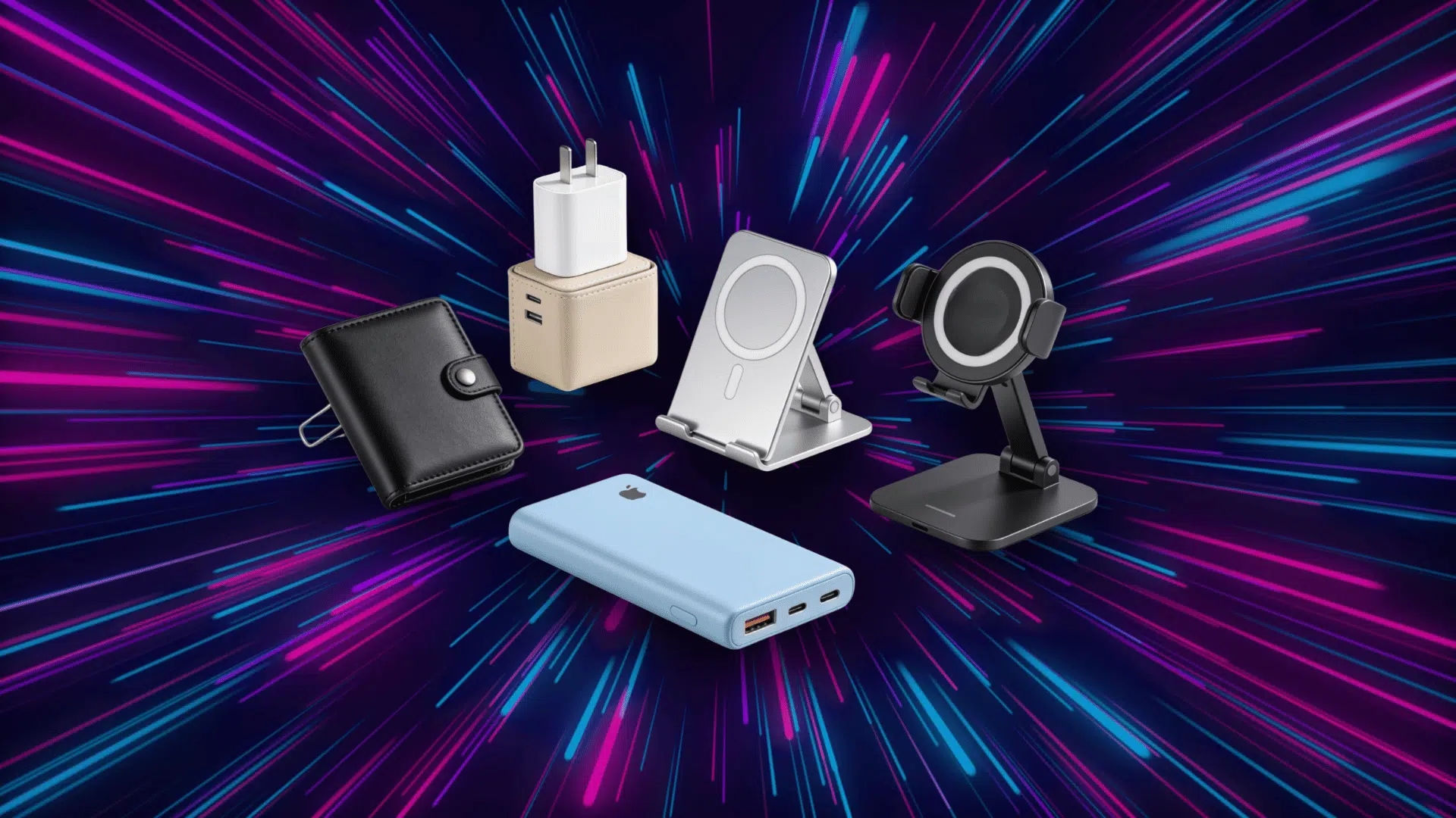 a clean modern mood board featuring five magsafe accessories arranged in a stylish flat lay layout on a soft neon background