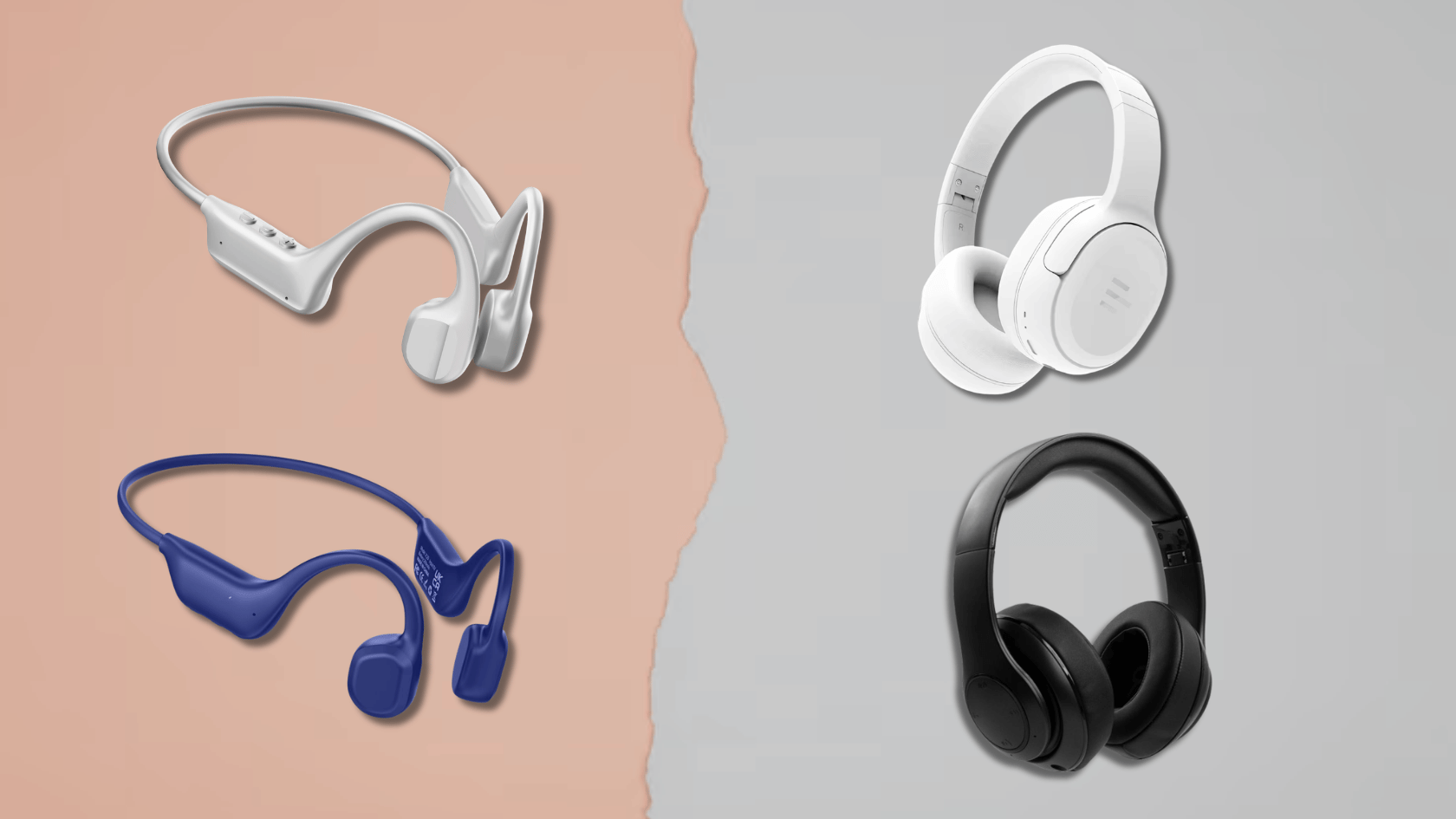 a comparision image showing bone conduction headphones and regular earphones side by side on a comparision background
