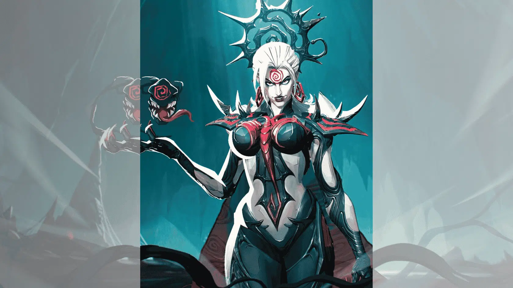 a marvel rivals character character hela image on a blurred background presentation