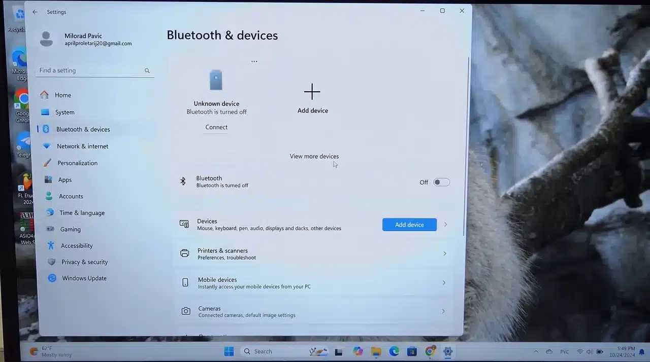 Windows Settings showing Bluetooth and devices menu