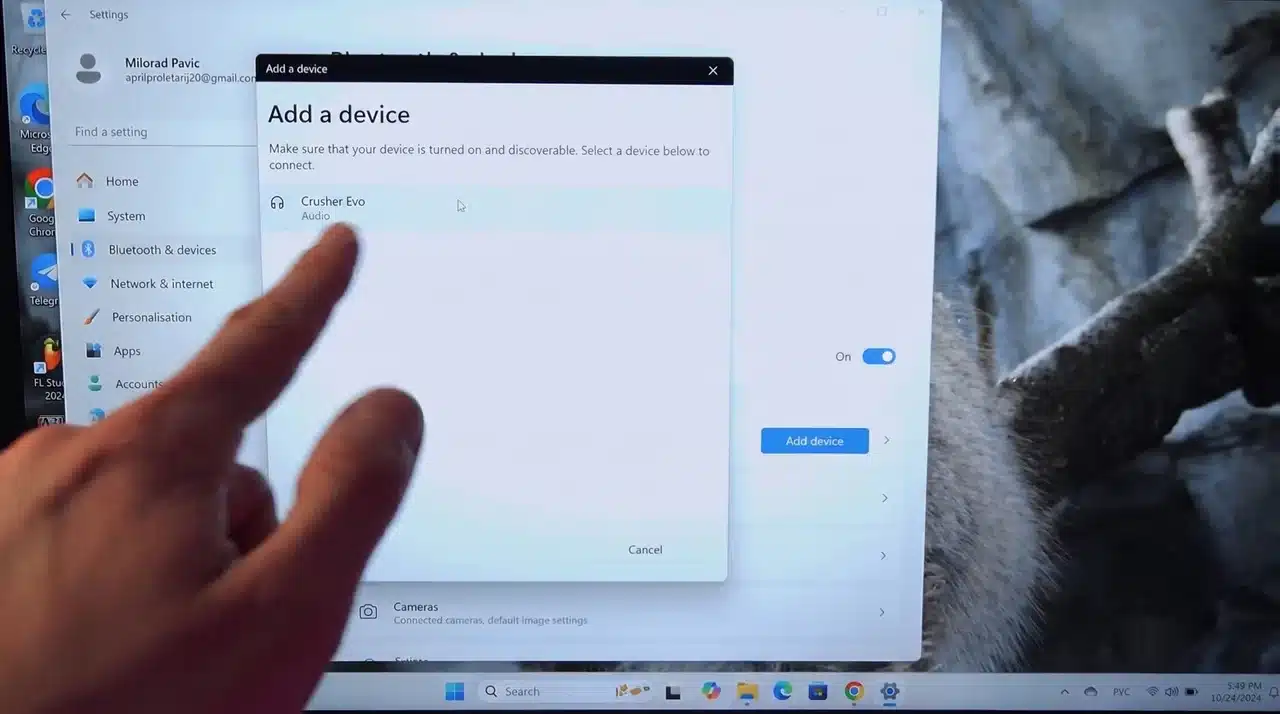 Windows Bluetooth menu with Add device option selected
