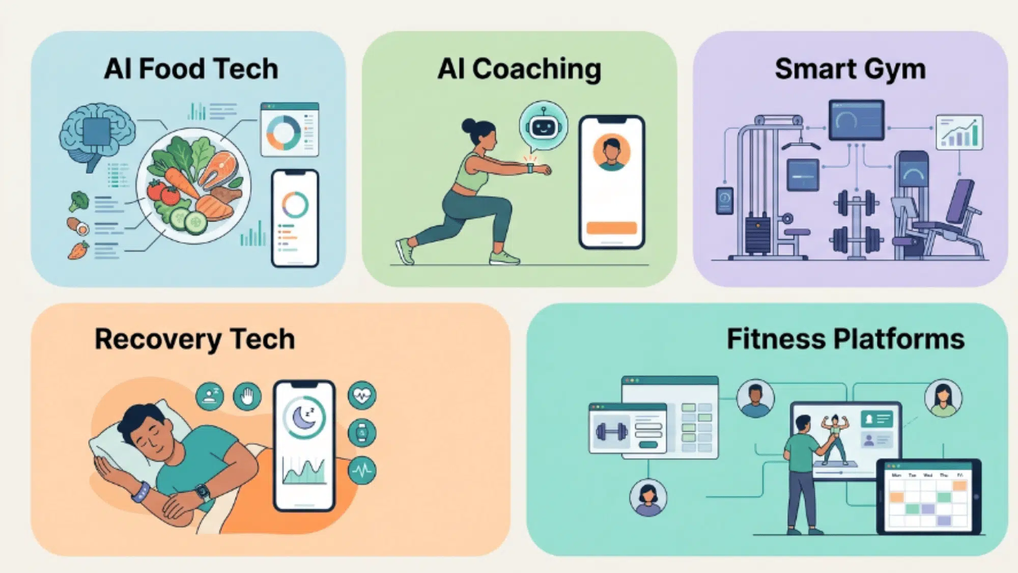 ai fitness technology infographic showing ai food tech, smart coaching, gym equipment, recovery tracking, and fitness platforms